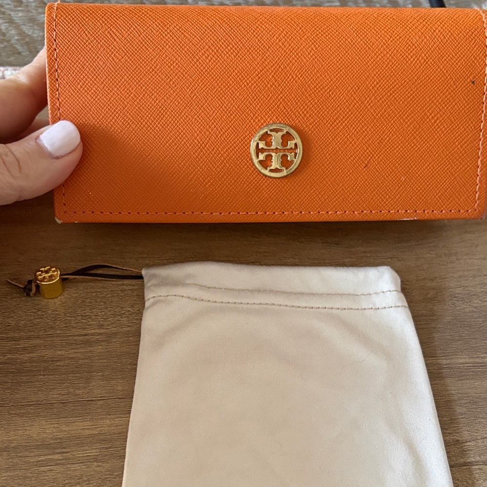 Tory Burch Orange Saffiano Leather sunglasses case with pouch with Gold Logo